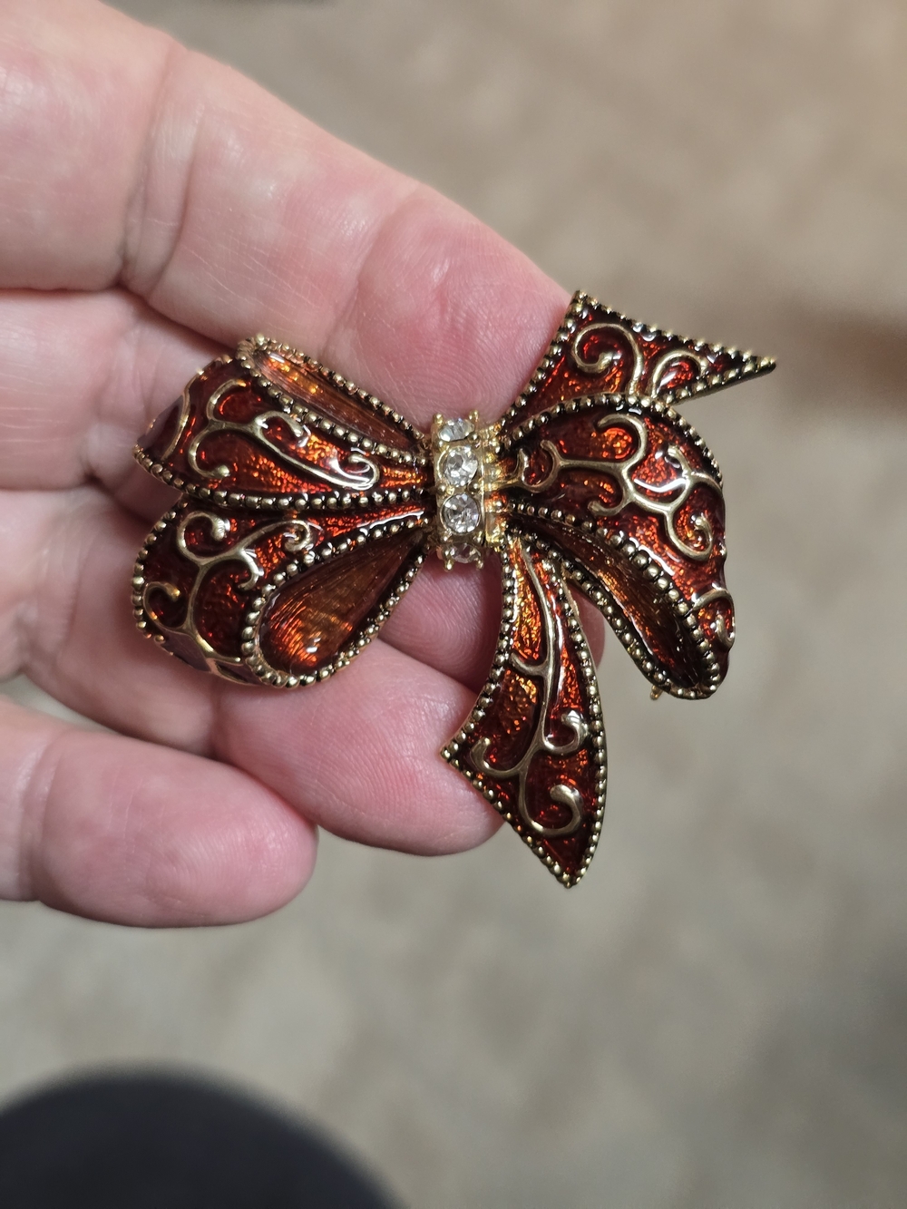 Monet Gold-Tone Red Enamel Bow Brooch with Rhinestone Center 2"